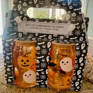 NEW Set of 2 Orange Halloween Drinking Glasses w/ Straws & Lids - Ghost, Pumpkin